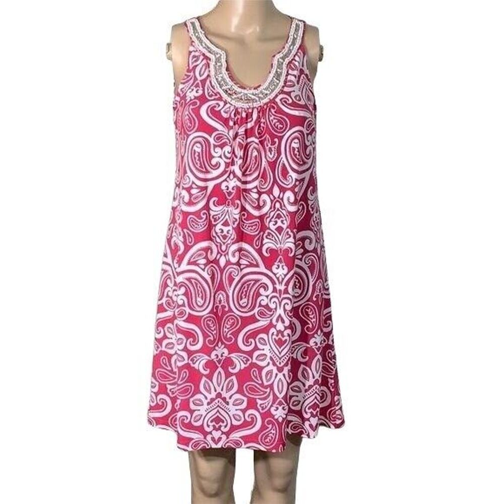 Apt 9 Womens Summer Sundress Paisley Print Beaded Collar Pink White XS Petite
